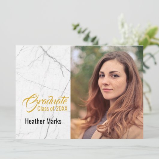 シックな白黒大理石金ゴールド写真卒業 招待状 (スタンド正面)