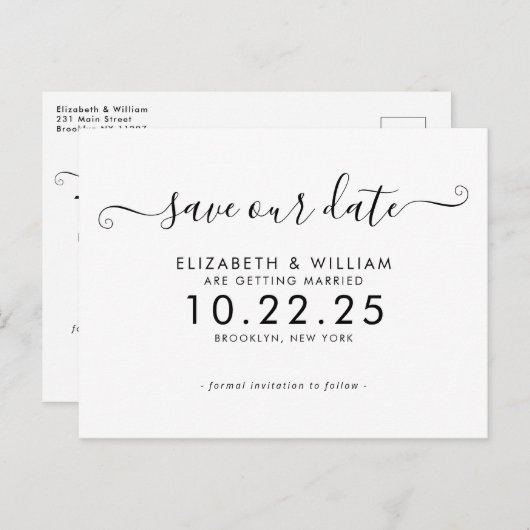 シックな白黒書道結婚式の日付を保存 インビテーションポストカード (正面/裏面)