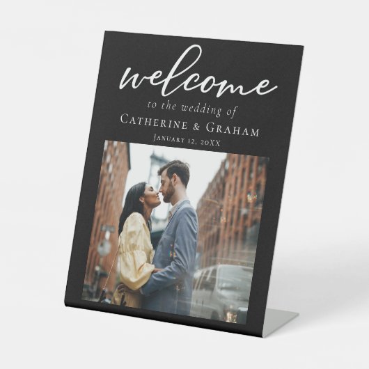 シックな白黒結婚のカップルの写真へようこそ 台座サイン (正面)