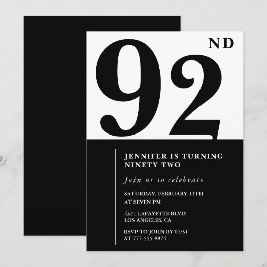 シックな白黒92歳の誕生日 招待状 (正面/裏面)