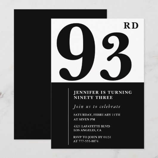 シックな白黒93歳の誕生日 招待状 (正面/裏面)