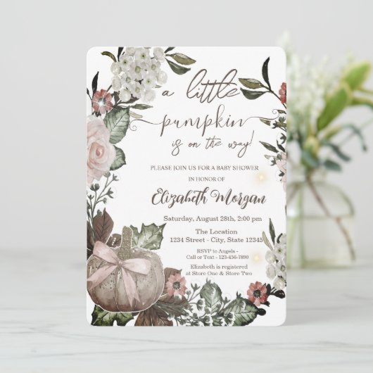 シックな秋のカボチャの花葉々赤ちゃんシャワー 招待状 (スタンド正面)