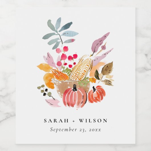 シックな秋の収穫カボチャの水の色結婚の数 ワインラベル (シングルラベル)