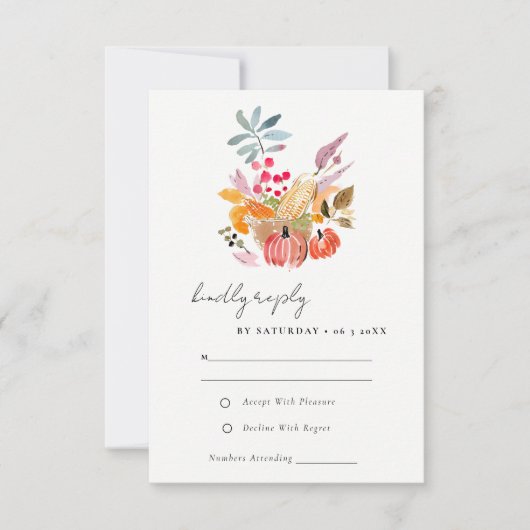 シックな秋の収穫カボチャの水の色結婚の数 出欠カード (正面)