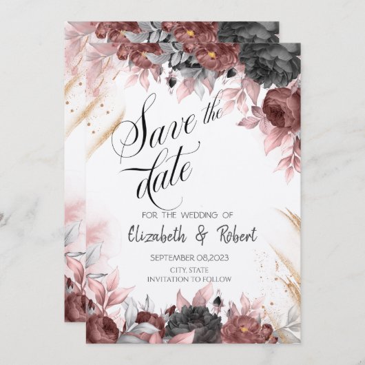 シックな秋の水の色の花の日付を保存 セーブザデート (正面/裏面)