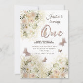 シックな穏やかな蝶のフローラガーデン1st誕生日 招待状 (正面)