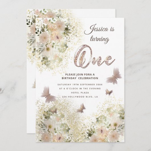 シックな穏やかな蝶のフローラガーデン1st誕生日 招待状 (正面/裏面)