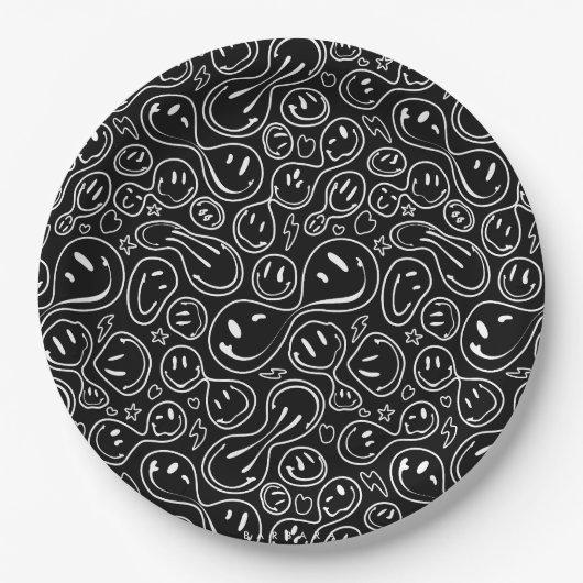 シックな笑顔の顔溶融スマイルパターンブラック ペーパープレート (正面)