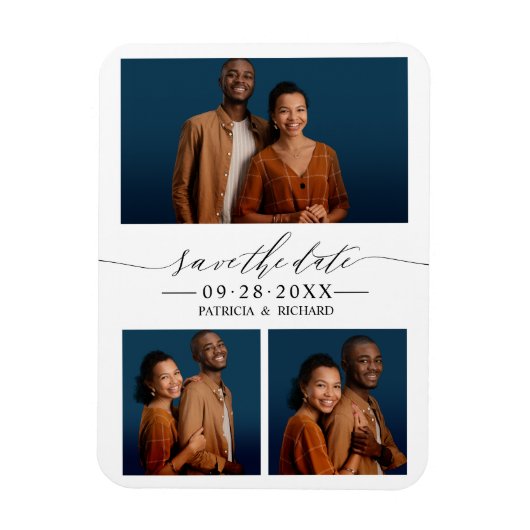 シックな筆記体 結婚式 セーブ・ザ・デート 3枚の写真コラージュ マグネット (縦)