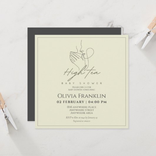 シックな紅茶パーティーの赤ちゃんシャワー 招待状 (正面/裏面インサイチュ)