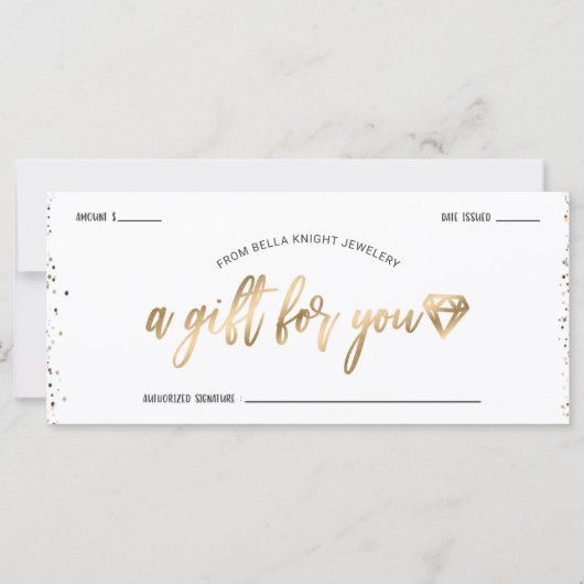 シックな紙吹雪&金ゴールドダイヤモンドジェムギフト証明書 (正面)