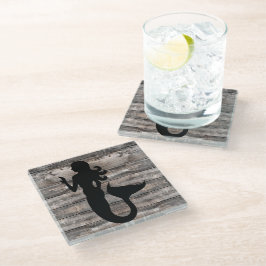 シックな素朴なウッドMERMAIDシルエット | ガラスコースター