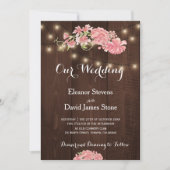 シックな素朴なライト赤面牡丹結婚納屋の木 招待状 (正面)