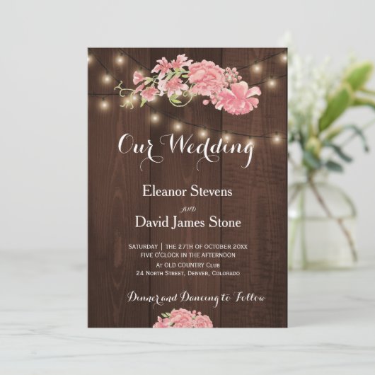 シックな素朴なライト赤面牡丹結婚納屋の木 招待状 (スタンド正面)