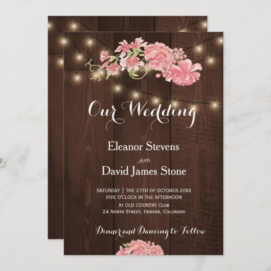 シックな素朴なライト赤面牡丹結婚納屋の木 招待状 (正面/裏面)