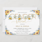 シックな素朴ひまわりブルーフローラ性別の表示 招待状 (正面)