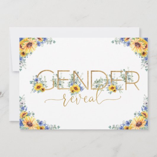 シックな素朴ひまわりブルーフローラ性別の表示 招待状 (裏面)