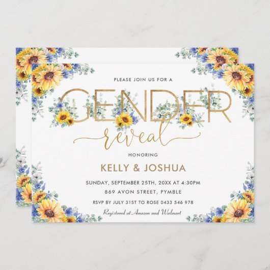シックな素朴ひまわりブルーフローラ性別の表示 招待状 (正面/裏面)