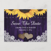 シックな素朴ひまわり紫色の結婚式の日付を保存 案内ポストカード (正面)