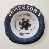 シックな素朴可愛いホワイト&ブラックネームヴィンテージタイヤ ラウンドクッション (正面)