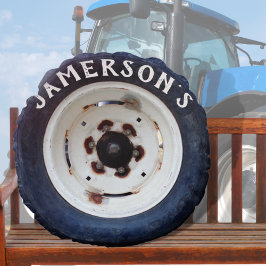 シックな素朴可愛いホワイト&ブラックネームヴィンテージタイヤ ラウンドクッション