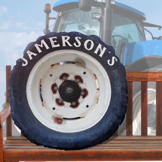 シックな素朴可愛いホワイト&ブラックネームヴィンテージタイヤ ラウンドクッション