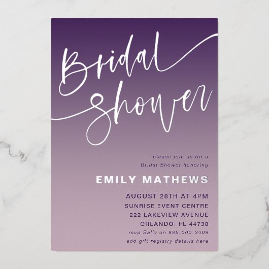 シックな紫と銀の書道ブライダルシャワー 箔招待状 (正面)