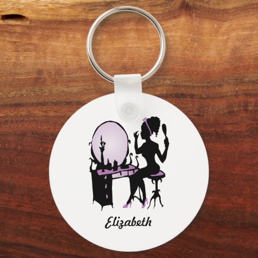 シックな紫と黒の女性シルエットファッショニスタ キーホルダー (正面)