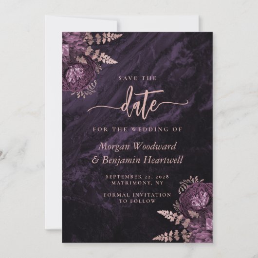 シックな紫のバラ金ゴールドフローラ結婚式の日付を保存 招待状 (正面)