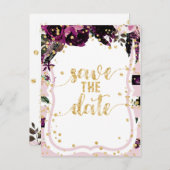 シックな紫のフローラと金ゴールド結婚式の日付を保存 案内ポストカード (正面/裏面)