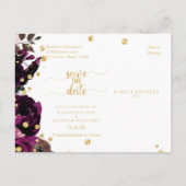 シックな紫のフローラと金ゴールド結婚式の日付を保存 案内ポストカード (裏面)