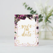 シックな紫のフローラと金ゴールド結婚式の日付を保存 案内ポストカード (スタンド正面)