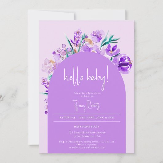 シックな紫のフローラアーチニュートラルハローベビーシャワー 招待状 (正面)