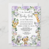 シックな紫のフローラサファリ動物ガールベビーシャワー 招待状 (正面)