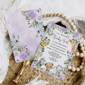 シックな紫のフローラサファリ動物ガールベビーシャワー 招待状