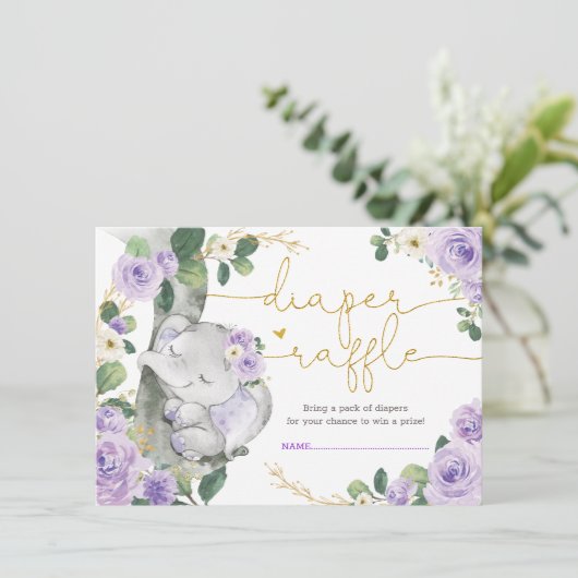シックな紫のフローラゾウのシャワーオムツラッフル エンクロージャーカード (スタンド正面)