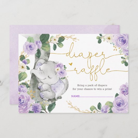 シックな紫のフローラゾウのシャワーオムツラッフル エンクロージャーカード (正面/裏面)