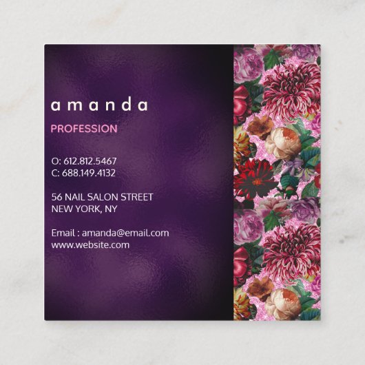 シックな紫のフローラピンクブルゴーニュグリッターモノグラム スクエア名刺 (裏面)