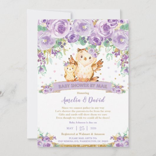 シックな紫のフローラフクロウ仮想ベビーシャワーbyメール 招待状 (正面)