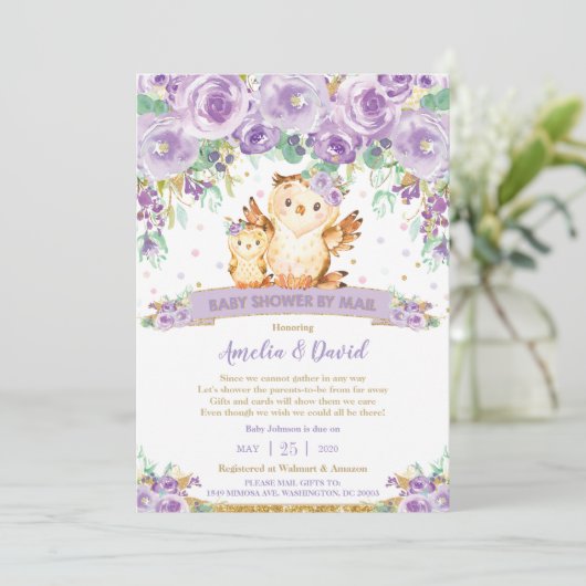 シックな紫のフローラフクロウ仮想ベビーシャワーbyメール 招待状 (スタンド正面)