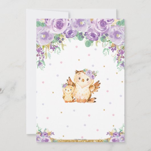 シックな紫のフローラフクロウ仮想ベビーシャワーbyメール 招待状 (裏面)