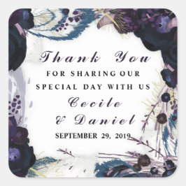 シックな紫のフローラ冬の結婚式ありがとう スクエアシール