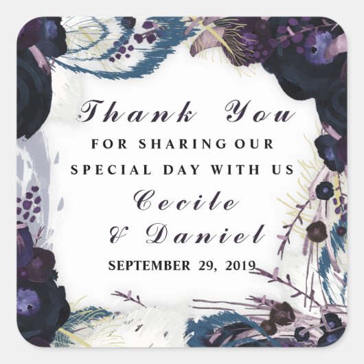 シックな紫のフローラ冬の結婚式ありがとう スクエアシール (正面)