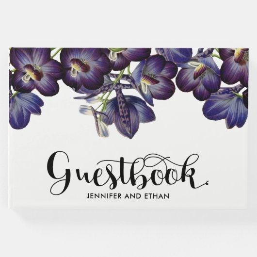 シックな紫のフローラ結婚写真 ゲストブック (正面)