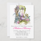 シックな紫のフローラ花園チェアベビーシャワー 招待状 (正面)