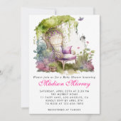 シックな紫のフローラ花園チェアベビーシャワー 招待状 (正面)