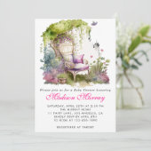 シックな紫のフローラ花園チェアベビーシャワー 招待状 (スタンド正面)