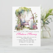 シックな紫のフローラ花園チェアベビーシャワー 招待状 (スタンド正面)