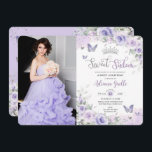 シックな紫のフローラ蝶Sweet sixteen写真 招待状<br><div class="desc">このソフトなラベンダー、紫の薄紫フローラをパーソナライズ甘い16誕生日写真/写真の招待を簡単かつ迅速に。単に「クリックデザインツールを使用して編集」ボタンをクリックし、文字、用語、フォントスタイル、フォントサイズ、フォント色を変更する。また、イメージを追加または削除したり、文字を移動または削除したりすることもできます。蝶と王冠は移動し、サイズ変更が可能で、二重化が可能で、取り外しが可能でカスタマイズ、お使いの大事な行事に合わせてデザインを楽しむことができる。パステルかわいらしラベンダー、紫の薄紫の花、繊細な緑、蝶とシックな銀のアクセントを特徴とする。キンセアニェラス、スウィート16代、18歳の誕生日パーティー、バット・ミッツヴァースなど、多くのお祝いに最適！デジタルインスタントダウンロードとしても利用可能。一致するアイテムは店内で利用可能！ハッピーキャットスタジオ</div>