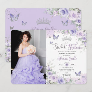 シックな紫のフローラ蝶Sweet sixteen写真 招待状